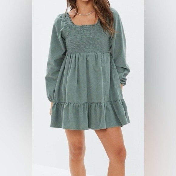 AE Long-Sleeve Smocked Corduroy Mini Dress - Picture 1 of 4